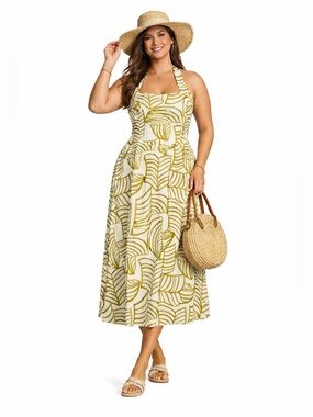 NWT Lucy Paris Plus Green Tropical Leaf Halter Midi Dress 3X Linen Cotton